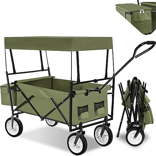 tectake® Bollerwagen faltbar mit Dach, Transportwagen, Rollwagen klappbar, Gartenwagen, Strandwagen, Ink. Hecktasche und extra Tragetasche, bis 80 kg, 2 Halterungen für Getränke - grün