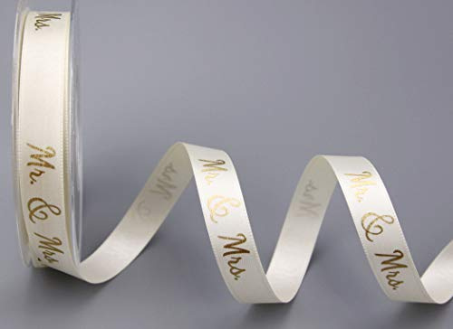Dekoband Mr & Mrs Creme Gold 20 m x 15 mm Geschenkband Hochzeit Wedding Satinband für Hochzeitsgeschenk Hochzeitsalbum Schleifenband