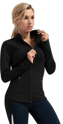 Queenie Ke Women's Slim Fit Workout Jackets - Zip Up Athletic Running Jacket with Color-blocked Mesh & Thumb Holes (Black, Medium)