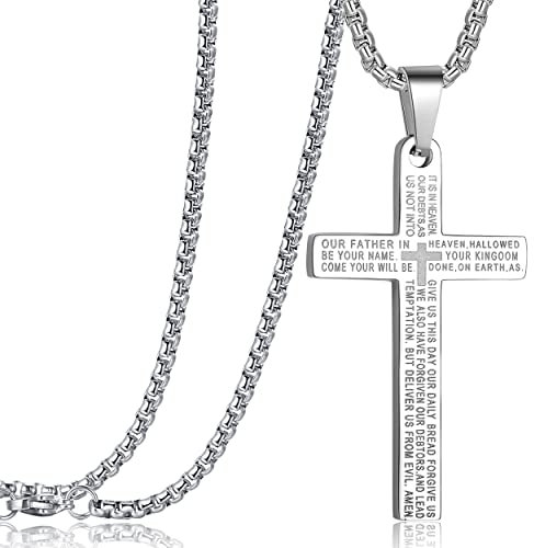 Rehoboth Stainless Steel Lord's Prayer Cross Pendant Necklaces Bible Verse for Men or Women Chain 24 Inch Black Gold Silver, Metal, No Gemstone