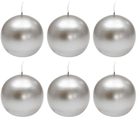Ebersbacher Kerzenfabrik GmbH Kugelkerzen Silber lackiert, 6 Stück, Größe ca. Ø 80 mm, einzeln in Folie, runde Kerze Weihnachtskerze Adventskerze