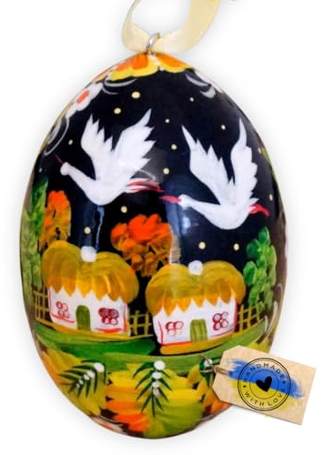 Pysanka Ukrainische handbemalte Ostereier aus Holz mit Dorfhaus- und Blumenmuster, zum Aufhängen, Nachhaltige Osterdekoration und originelles Ostergeschenk