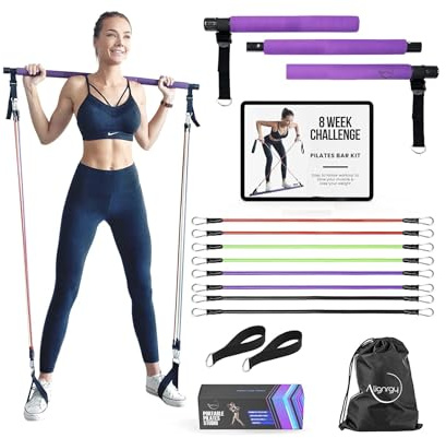 Pilates Bar Kit mit Widerstandsbändern (20, 30, 40, 22.7 kg) – Verstellbares Pilates-Bar-Kit für Frauen – Ganzkörper-Heimtrainingsset mit 8-Wochen-Videoplan – Tragbares & Multifunktionales Design