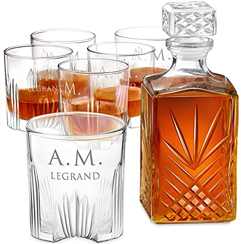 Maverton Carafe whisky et 6 verres gravés - Ensemble en cristal - Cadeau d’anniversaire pour parents - Whisky set avec personnalisation pour couple - Initiales