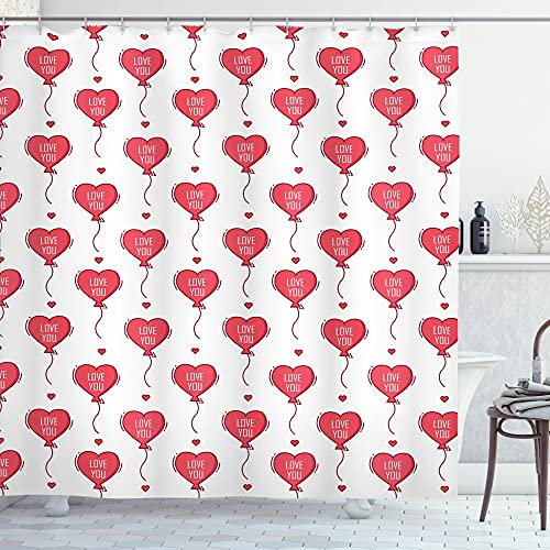 ABAKUHAUS Romantisch Duschvorhang, Liebe Sie Herz-Ballone, Stoffliches Gewebe Badezimmerdekorationsset mit Haken, 175 x 180 cm, Dunkle Koralle und Weiß
