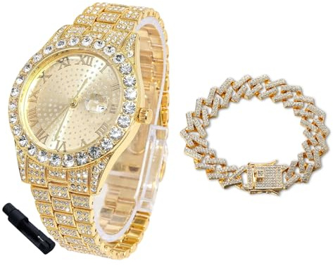 HALUKAKAH Iced Out-diamantklocka för pojkar – 18 karat/platinapläterad, 42 mm rund urtavla, längd 20 cm, valfri med kubansk kedja och justeringsverktyg – gyllene presentförpackning, 18k guldklocka +
