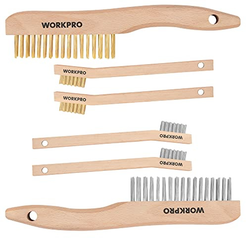 WORKPRO Wire Brush Set, 6 Pcs Brass/Stainless Steel Wire Scratch Brush Set, Small Large Size with Beechwood Handle for Cleaning Rust, Paint and Welding Slag