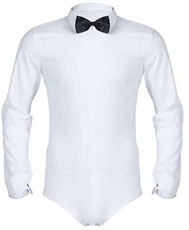 Hedmy Mens Long Sleeve Zipper Latin Modern Dance Leotard Dress Shirt with Bowtie One-Piece Romper Dancewear Costume White M