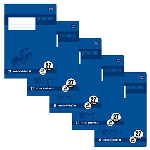 Staufen Premium Schulheft - DIN A5, Lineatur 27 (9mm liniert mit Randlinie), 16 Blatt, 90g/m² Premium Papier, 5 Stück
