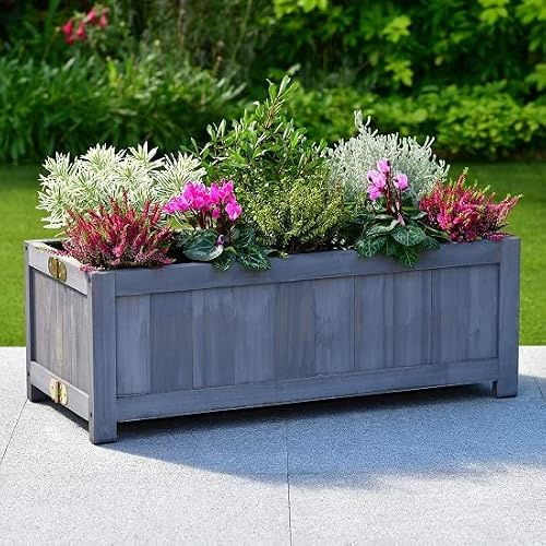 GBS Folding Oblong Planter Box - Flowers Plants Field Grass Holder - Garden Patio Hallway Pathway Deck - Quality Solid Fir Wood Material Grey Finish - Perfect For Growing Plants & Flowers.
