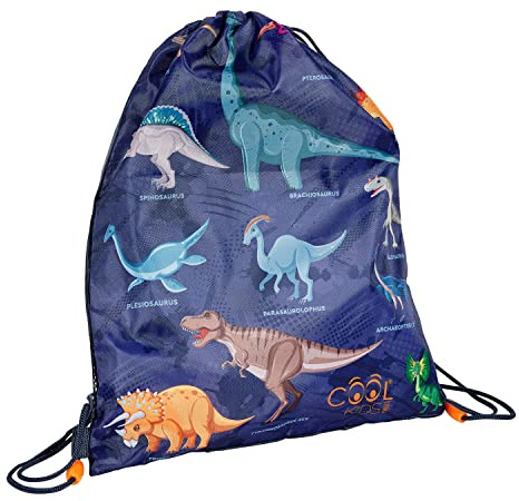 PERLETTI Mochila de Cuerdas Niño con Dinosaurios - Mochila Saco Deporte Zapatos Niños Escuela Gimnasio - Bolsa de Cuerdas Deportiva Impermeable Azul con Cordones Ajustable - 39x31 cm (Dinosaurio)
