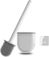 Flowzuk Slimline Toilet Brush - Wall Mounted Silicone Toilet Brush with Holder Set - Bathroom Cleaning Brush Kit with Soft Bristles, Long Handle & Practical Design - White