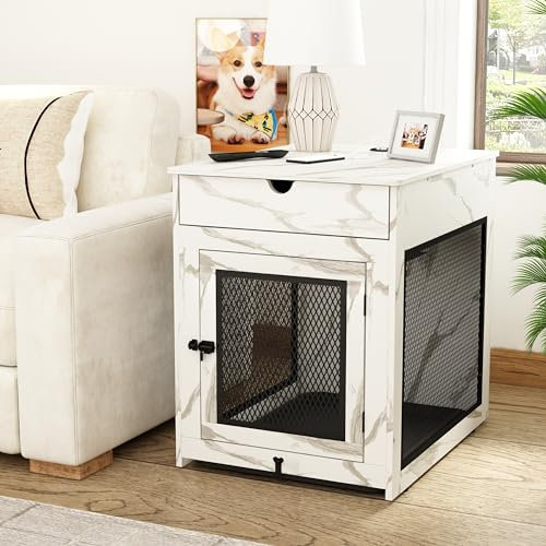 Piskyet Hundekäfig, Möbel, Beistelltisch aus Holz, mit Aufbewahrungsschublade, Kissen und Tablett, QC3.0, kabelloses Schnellladen und Dual-USB, Hundebox für mittelgroße Hunde, Marmorweiß