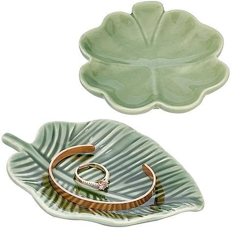 PH PandaHall 2pcs Plat à bibelots en Feuilles 2 Styles Porte-Vaisselle décoratif en Forme d'anneau Porte-Bague en Forme de Feuille Assiette à Bijoux en Porcelaine Plateau à Bijoux pour Bagues Bijoux