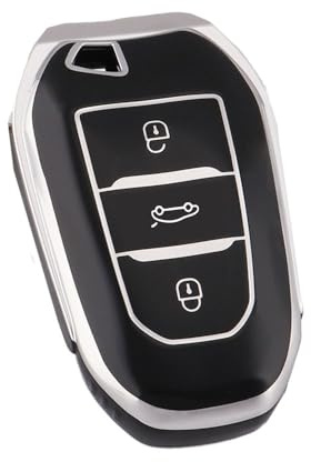 HIBEYO Smart Autoschlüssel Hülle passt für Peugeot 301-307-308-408-2008-3008-5008 Schlüsselhülle TPU Schutzhülle für Citroen C4L-C3-C5-DS5LS für Opel Grandland Fernbedienung 3Tasten-Silber Schwarz
