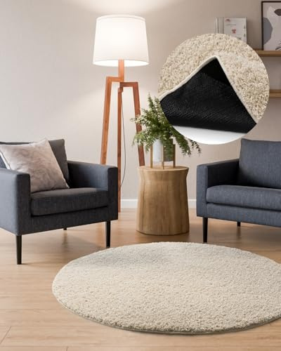 Interiyou Hochflor Teppich Sofia - 120x120 cm Rund Creme - flauschig und einfarbig - waschbar und rutschfest - weicher Langflor
