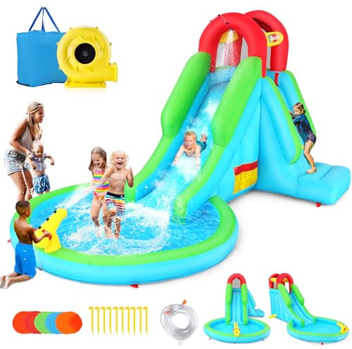 Whubefy - Inflatable water slide for kids ages 3-6 with blower, inflatable pool, sprinkler, inflatable penguin dolls, water slides for kids, backyard, outdoor party