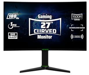Aryond A27 V2 Gaming Curved Monitor, 27 Zoll 180Hz Curved QHD (2560x1440) Display 1ms Reaktionszeit, HDR 10-Verhältnis FreeSync und G-Sync 119,9% SRGB, PC Bildschirm, HDMI Anschluss