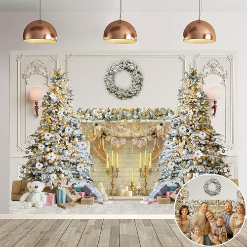 Christmas Photography Backdrop White Christmas Fireplace Photo Background Xmas Trees Gifts Classic Interior Room Kids Holiday Family Party Decorations Photo Booth Props (8X6FT(94 x 70 inch))