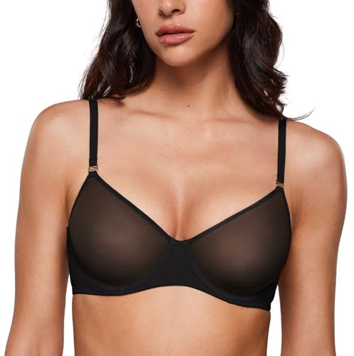 INLYRIC Women's Sheer Demi Balconette Bra - Sexy Mesh Unlined Underwire See Through Demi Bras Black 36DD