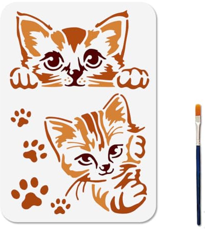MAYJOYDIY Cat Stencils Peeping Cats Template 29.7x21cm Cat Paw Print Reusable Plastic Stencil for Painting with Paint Brush Animal Decoration Templates for Wood Wall Window DIY Craft