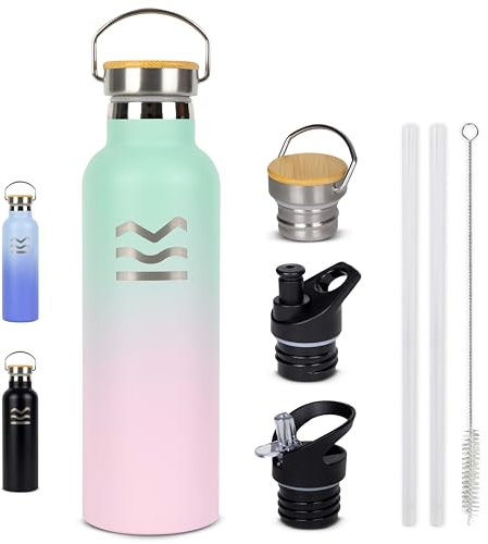 Borraccia Termica 750 ml Acciaio Inox Rosa - HUIIKE | Borraccia con Cannuccia e 3 Tappi, Bottiglia Senza BPA | Mantiene Bevande 12h Calde, 24h Fredde | Thermos Antigoccia e Riutilizzabile per Palestra