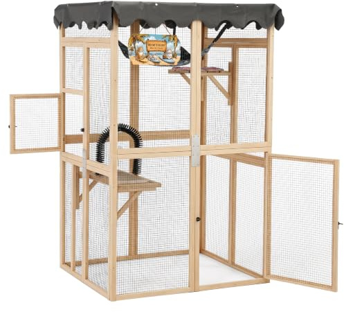 Freilaufgehege Katzen 100×85×162 cm – wetterfestes Katzengehege Outdoor, Katzenhaus Catio für Balkon & Garten, Katzen Gehege aus Holz mit Sonnendach, 3 Etagen & Hängematte