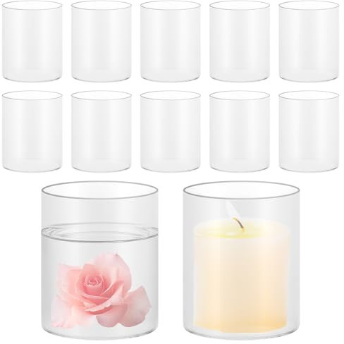 Oungy 12 cilindros de cristal para velas, jarrón de cristal pequeño, 10 cm de alto, jarrón de cristal transparente, cilindro, cilindro redondo de vidrio con fondo, vasos de velas, jarrones pequeños de