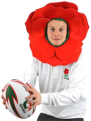 Chapeau de rugby des Nations d'Angleterre - Accessoire de supporters anglais - Coiffe rouge avec pétales et capuche verte - Accessoire de la Coupe du monde de football de la Coupe du monde de football