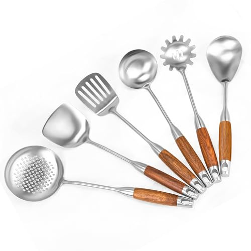 18/10 Stainless Steel Kitchen Utensils Set 6 Pcs Cooking Utensil with Wood Handle, 39cm Long Spatula, Soup Spoon, Leaking Shovel, Spaghetti Spoon Kitchen Tools Set (Wood Handle - 6 Piece)