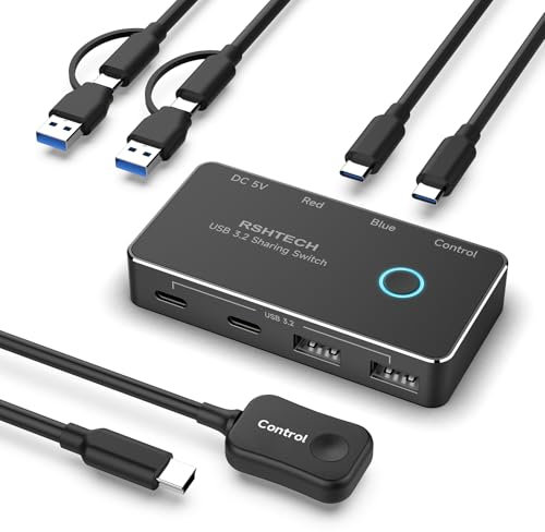 RSHTECH 10Gbps Kvm Switch 2 PC 2 Monitore - USB 3.2 Switch 2 In 1 Out - USB Umschalter mit 2 Type A und 2 Type C - Inklusive Desktop-Kontroller und 2 Datenkabel - Aluminium