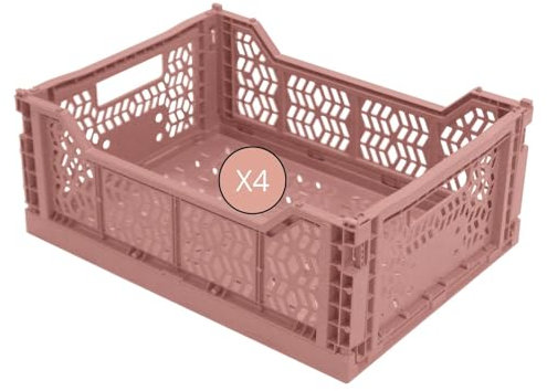 Box and beyond - Lot de 4 Caisses de Rangement pliables - 40 x 30 x 15 cm - Plastique Brun Rosé - Pliables - Avec Poignées - Rangement - Cuisine, Bureau, Chambre, Salon - Style Simple et Pratique
