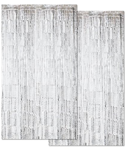 huoflame Lametta Vorhang 2 pc– Glitzer Vorhang Silber Gold für Geburtstag Party Deko – 2x2M Glänzende Folienvorhang Fotowand Hintergrund für Hochzeit Einschulung Jugendweihe Kindergeburtstag (Silber)