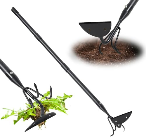 Harrms Azada de jardín 2 en 1 y herramienta de deshierbe, mango largo de 114 cm, herramienta de jardín para desmalezar, cultivar, aflojar el suelo, hoja afilada resistente y dientes curvados para