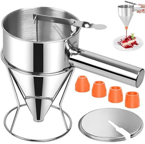 1.2L Distributeur Pâte Crêpes avec Support & 4 Buses Silicone, Entonnoir Piston Acier Inoxydable, Doseur Pate pour Gâteaux, Cupcakes, Desserts, Pancakes, Outils Patisserie Cuisine Multi-Calibre