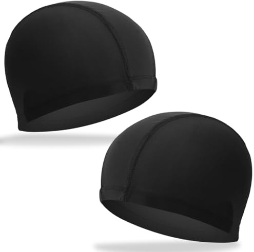 COYUN 2pcs Elastische Badekappen für Erwachsene, Komfortable Stoff Bademütze Weiche Unisex Badekappe Ohrenschutz Schwimmhaube Schwimmkappe Leichte Badehaube für Herren Damen Lange Kurzes Haar, Schwarz