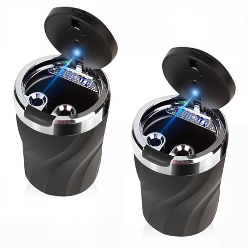 Posacenere per auto, 2 pezzi, posacenere per auto, con coperchio a molla, in acciaio inox, portatile, senza fumo, con luce LED, per auto, furgone, campeggio, colore nero