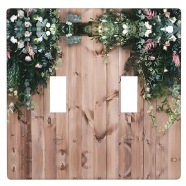 Poezjzw Placa de pared decorativa con diseño de hojas florales en madera rústica, tamaño 4.5 x 4.5 pulgadas, cubierta de interruptor de luz de doble palanca
