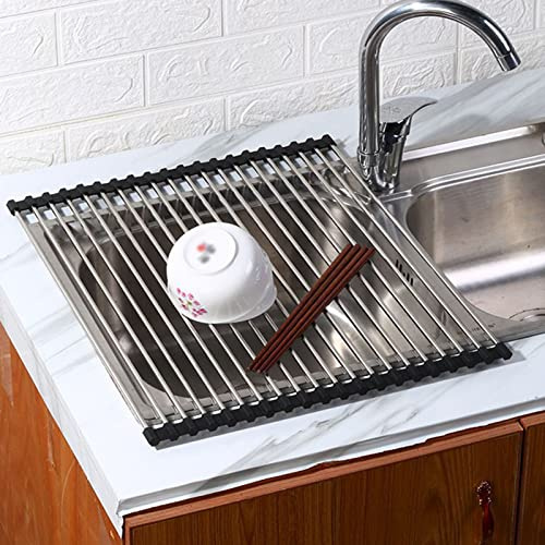 Roll Up Dish Drying Rack Heat Resistant Silicone & Stainless Steel Drainer Space Saving Kitchen nizer for Dishes Fruits & Vegetables (40x47cm)