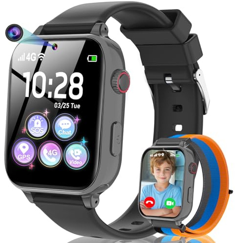 4G Montre Connectée Enfant, Smartwatch pour Filles Garçons avec GPS et Téléphone, Appel Vidéo, Chat, SOS, Jeux, Mode Classe, Podomètre, Réveil, Montre Intelligente Enfants pour 4-12 Ans Cadeau, Noir