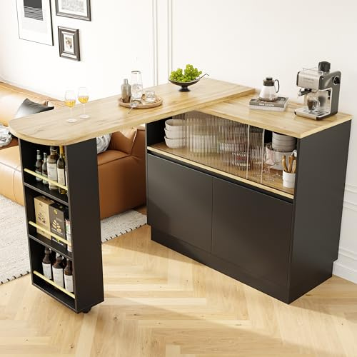 A ALFRESCOOL Ausziehbarer Bartisch, 360° Drehbare Bartisch, Beweglicher Sideboard, Hochtisch Kücheninsel mit Ablageflächen & Glas, für Küchen, Wohnzimmer, Esszimmer, 165×45×103cm (Schwarz)