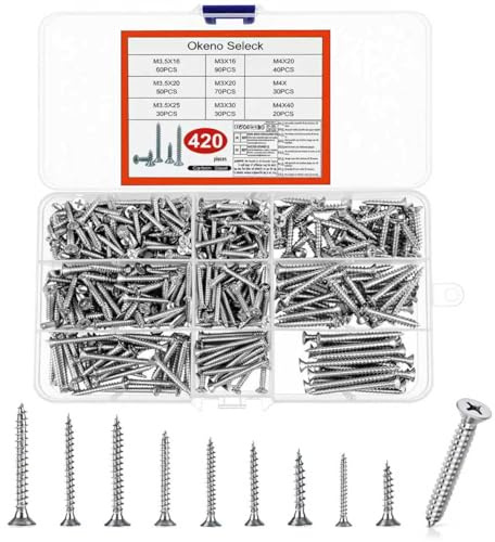 Okeno Select 420Pcs M3 M3.5 M4 Wood Screws Assortment, Phillips Head Self Tapping Screws for Wood Screw Sets Mixed Box, Flat Head Sleeper Screwsset for Furniture Chipboard Drywall Screw Set