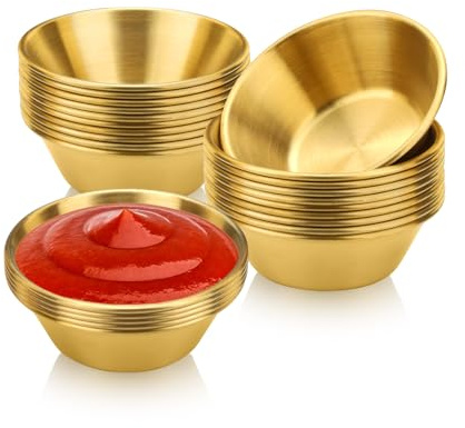 Fatiya 25 Stück 6,7 cm Edelstahl-Saucenschalen, runde goldene Dip-Schalen, Metall, einzelne Gewürzschalen für Sojasauce, Dip, Beilagen, Vorspeisen