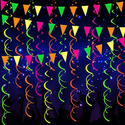 CWENDANER 20 Stück Spiral Neon Girlanden & Wimpelkette Banner (6.5m Gesamtlänge) Schwarzlicht Party Deko,Disco Party Girlande Neon Papier Girlanden Schwarzlicht Deko UV Glow Partyzubehör