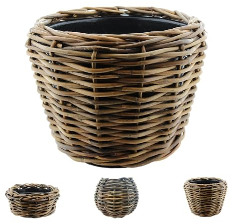 Rattan Pflanzkorb - Pflanzkübel - Rustikale Blumenkübel mit praktischem Kunststoffeinsatz - Handgeflochtene Rattan-Schale Braun - Wetterfester Übertopf für Innen & Außen (Braun, ⌀ 47 cm Höhe: 35 cm)