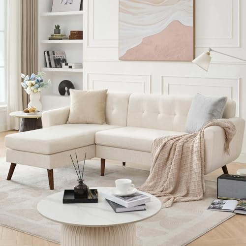 Kingfun 203cm Ecksofa Beige mit Knopfheftung & Holzfüßen, 3 Sitzer L Form Eckcouch Leinenoptik mit Waschbare Bezüge für Wohnzimmer & Schlafzimmer, L Form Big sofa mit Chaiselongue für Büro & Apartment
