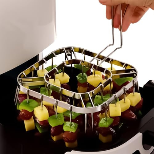 Spiedo Verticale Per Friggitrice Ad Aria,Supporto in Acciaio Inossidabile Antiaderente | Griglia BBQ per Spiedini in Acciaio - Per Casa Cucina Cottura All'Aperto Falò Forno Carne Manzo Salsiccia Pesce