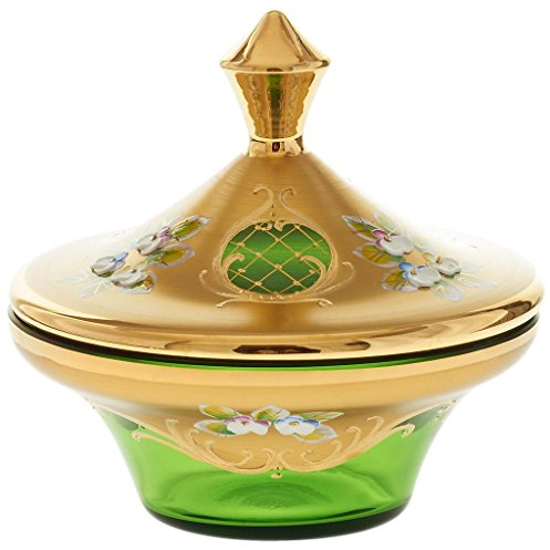CRISTALICA ExklusiveDose Keksdose Konfektdose Schmuckschatulle Green Queen D 16 cm Grün Gold Handbemalt Hochwertiges Glas