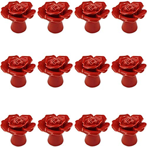 Rot 12PCS Keramik-Rosen-Blumen-Knopf Porzellan Rose Möbelknopf Möbelknöpfe Griff Knopf Dekoraktion Schrankgriff Türgriffe Möbelgriffe Möbelknauf von Creatwls
