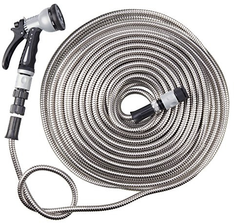Garden Gear Easy Hose Stainless Steel Garden Water Hosepipe Rust Proof & Tangle Free with Hand Held Spray Nozzle (100ft)